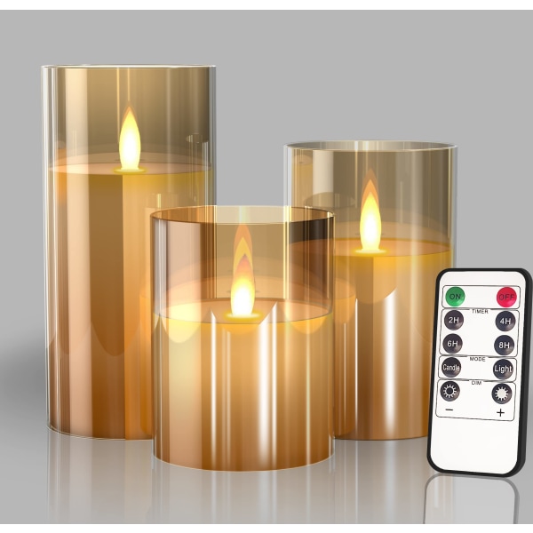 Lasiparistokäyttöiset liekettömät LED-kynttilät kaukosäätimellä ja ajastimella, aidot vahakynttilät, lämpimän väriset valot festivaalin hääsisustukseen (3 kpl pakkaus)-