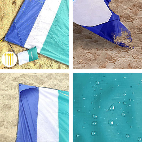 Strandmatte Piknikteppe for voksne 200 x 210cm, Strandteppe Sandfritt Vanntett, Strandteppe Ekstra Stor med Oppbevaringsport og 4 Faste Spiker f