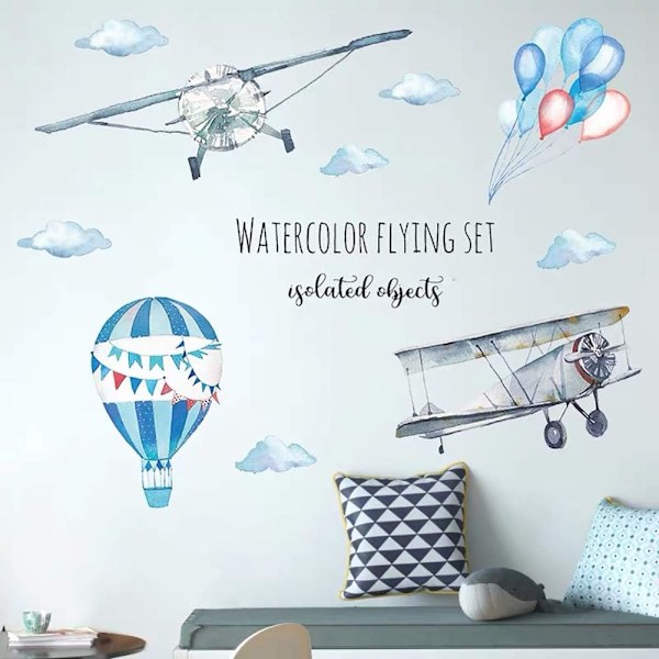 - akvarell veggklistremer gutt FLY og BALLONG blå (50*70 cm) I plakat varmluftsballong skyer dekorative klistremer I veggklistremer for barn