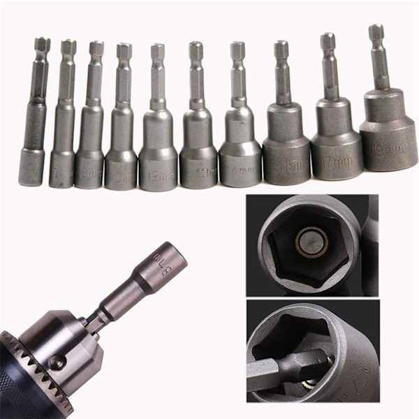 10 x Magnetisk sokkel for skrutrekker, bitadapter, firkantet sekskant chuck 6-19mm 1/4” muttertrekker bor