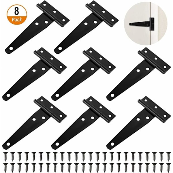 8 kpl 4 tuuman mustaksi lakattua T-saranaa, raskaan sarjan T-sarana, puuoven saranat, metalliset ruostumattomat oven saranat ruuveilla aittan oville, 100 mm