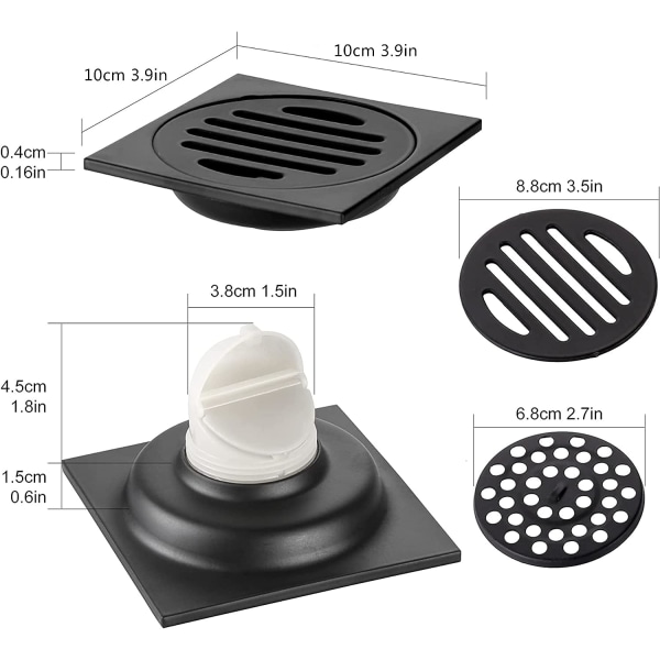 Gulvavløp Badekar Avtakbart Avløpsdeksel for Bad Dusjrom Kvadratisk Toalett Hage Sil Rustfritt Stål 9.7X9.7CM Svart