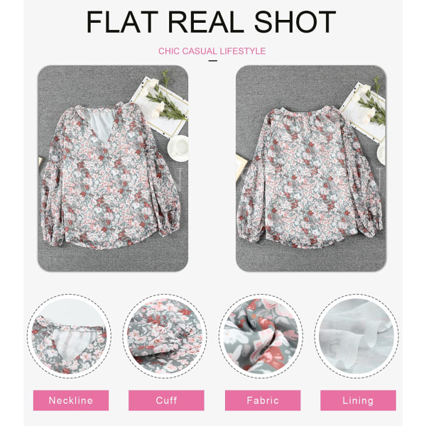 Kvinners Casual Boho Blomstertrykk V-hals Lang Ermet Løs Bluser Skjorter Topper (L)