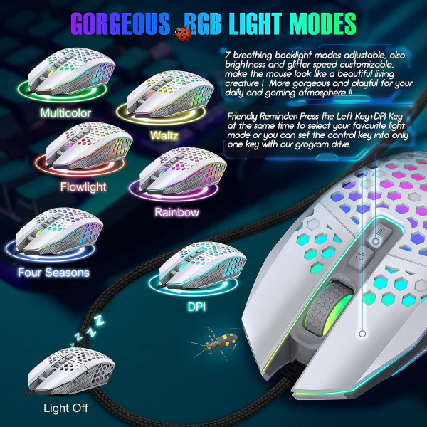 Ergonomisk spillmus - USB-kablet mus med 6 DPI-nivåer / tilpassbare knapper / RGB-bakgrunnsbelysning - for Windows 7/8/10/XP, Vista, Linux, PC/Mac/Lapt