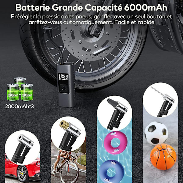 6000mAh Mini Elektrisk Luftpump, Bärbar Luftkompressor Sladdlös Däckuppblåsare 150PSI med Digital LCD-display, Elektrisk Cykelpump med