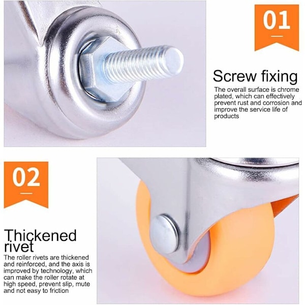 Meget resistente transportruller med bremse, 360 graders drejelige, perfekte til små møbler (orange, dimensioner: 32mm, M6 × 15), 5 stk