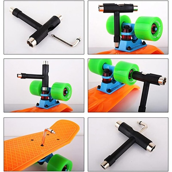 Skate værktøj, multifunktionelt skateboard værktøj i T-form, med unbrakonøgle med L-kruciform skruetrækker, bruges til fejlfinding og vedligeholdelse af skatebo