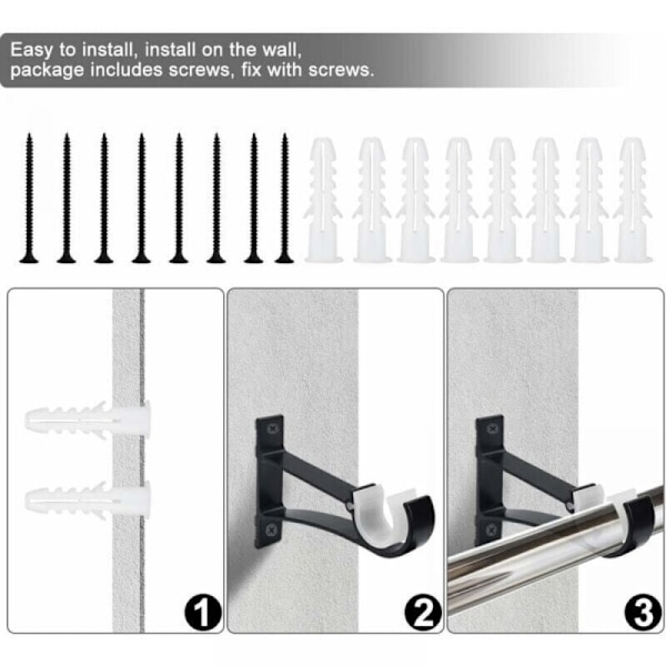 (Sort) Pakke med 4 beslag til gardinstang, aluminiumslegering, støtte til gardinstang på 118 cm, rustfri gardinstang med skruer og ekspansion