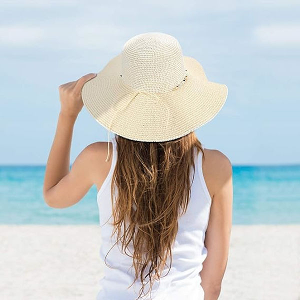 Dam halmhatt, sommar solhatt hopfällbar anti-UV strandhatt med bred brätte och justerbar hakrem för resor