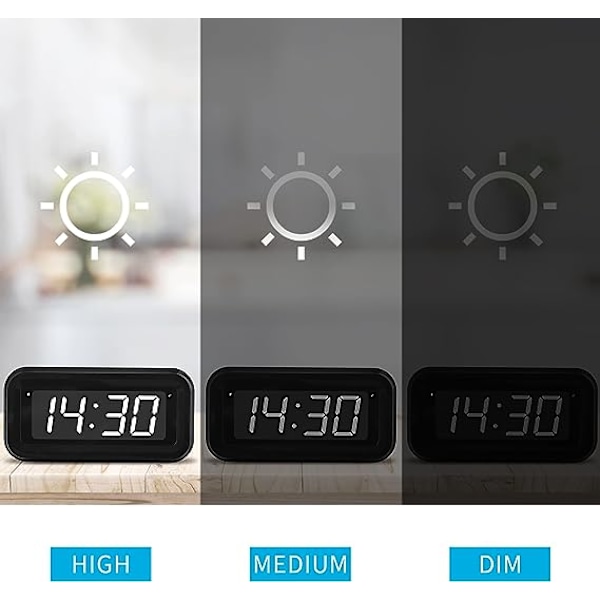 (Hvit) Digital klokke, automatisk nattmodus, 3 LED-lysstyrkenivåer, batteridrevet, 12/24-timers alarmklokke for barn, eldre, tenåringer, soving