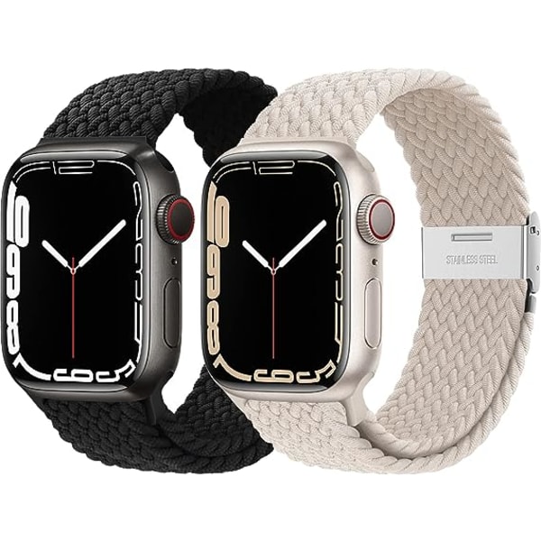 Tvådelad elastisk vävd band (svart och beige, klocka ingår ej) Kompatibel med Apple Watch-band 40 mm 41 mm 38 mm Dam- och herrsports elastiskt handledsband