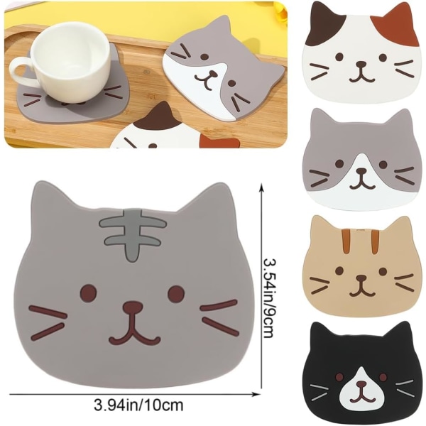 5 Pcs Cute Cat Cup Coasters Cartoon Cat Shaped Silicone Drink Coasters Kitchen Accessories Mat Cup Mug Heat Resistant Animal Coffee Drink Pad