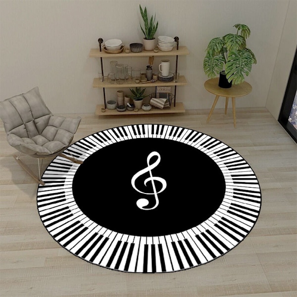 (80x80cm) Erittäin pehmeä moderni sisätilojen matto, valkoinen matto, musiikkisymboli, pianon koskettimet, musta pyöreä matto, liukumaton matto, koristeellinen makuuhuoneen lattiamatto