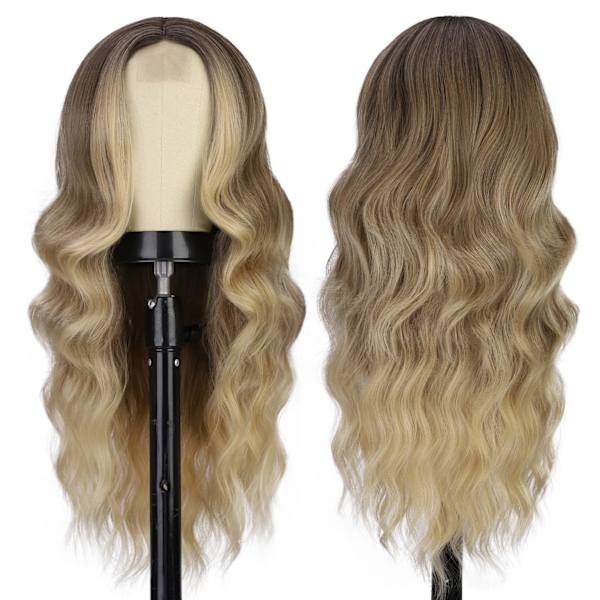 Lang brun bølget parykk, lang bølget midtskill parykk for kvinner syntetiske krøllete bølgete parykker naturlig bølget parykk for daglig festbruk (brun blandet blond, 24 tommer)