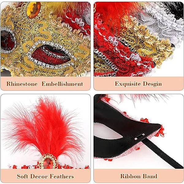 Sett med 4 kvinners maske for maskeradeball, karneval halvmaske, fancy dress fjærmaske for Halloween nyttår.