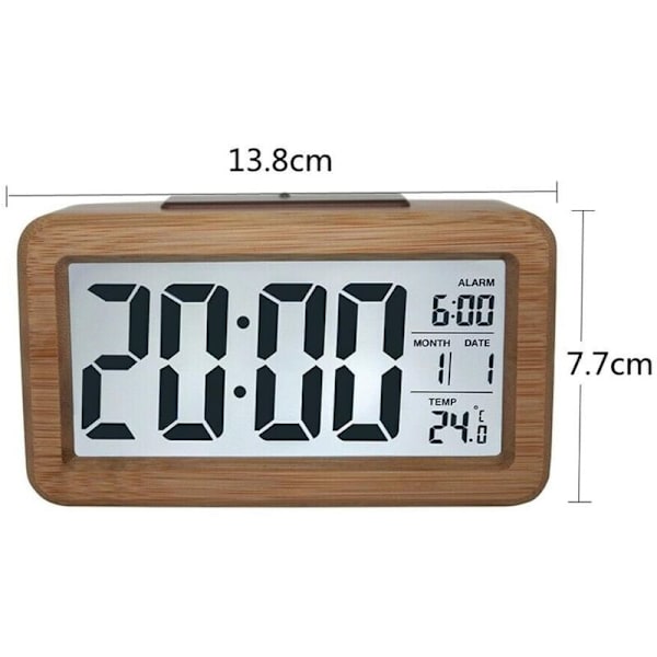 Digital Radio Väckarklocka - Radiostyrd Väckningsklocka Bord Vattningsbord Trä Trä Trä Väck upp med termometer, kalender och snooze-funktion - Bambu