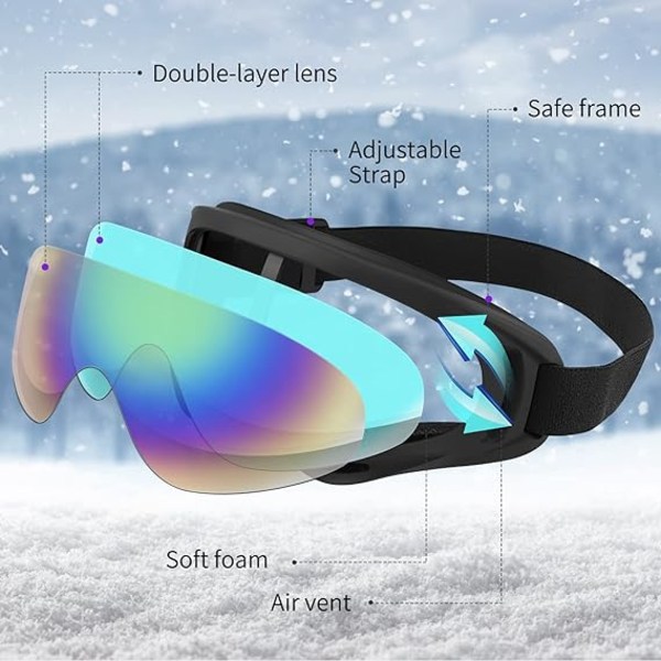 Skibriller, Ski- og Snowboardbriller for Gutter og Jenter, Gutter og Jenter, Ungdom, Anti-Glare, Anti-Fog Snowboardbriller Briller 2-pakning