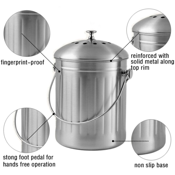 Kompostspand i rustfrit stål til køkken - Køkkenkompostaffald - inkluderer ekstra kulfiltre (blankt rustfrit stål, 5 liter)