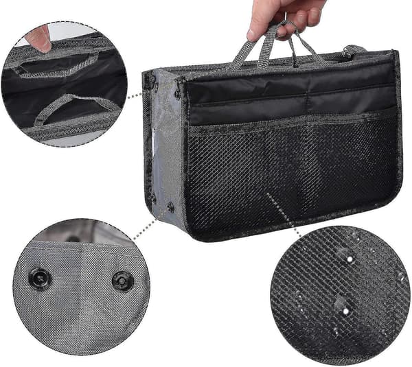 Taskeindsats i nylon til håndtasker, 13 lommer (sort)