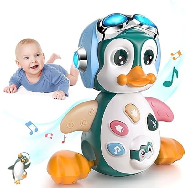 Babylekegaver 6 9 12 24 måneder，Barnmusikkleketøy 1 år gammel, krypende leker med musikk og lys, pingvinbabyleke 6-12 måneder, pedagogisk leke