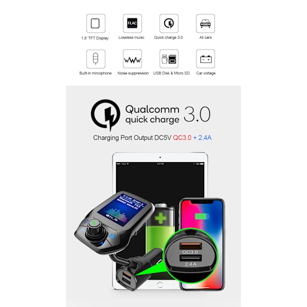 Billaddare - Bil Bluetooth MP3-spelare U-skiva Musik USB Zhitong QC3.0