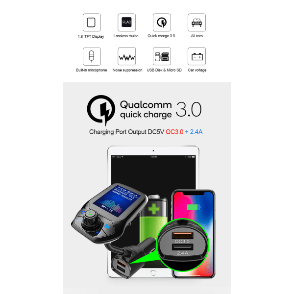 Biloplader - Bil Bluetooth MP3-afspiller U Disk Musik USB Zhitong QC3.0