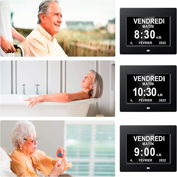 7\" tuuman LED digitaalinen kello kalenteri päivämäärällä, viikonpäivällä ja kellonajalla, ei lyhennetty kello, automaattinen himmennys, 8 kieltä, HD-näyttö, muistutus Alzheimerin tautia sairastaville vanhuksille ja