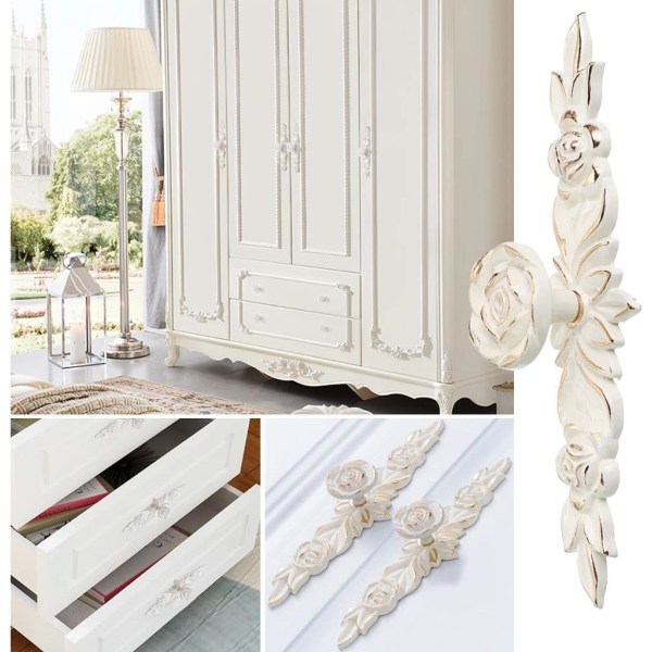 Furniture handle 5pcs leaf-shaped door handle, used for retro cupboards, cabinets, wardrobes, etc. (170mm, white)