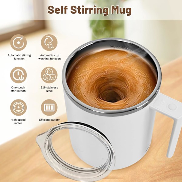 Selvrørende kop, magnetisk omrører kaffekop, 316 rustfrit stål, perfekt til kontor, udendørs, blander automatisk kaffe, mælk og drikkevarer