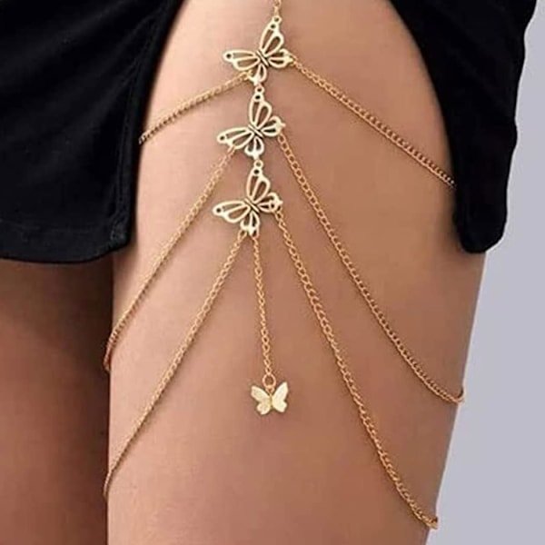 Bohemian Butterfly Body Chain Gold Leg Chains Disco Lårkjeder Elastiske Smykker for Kvinner og Jenter