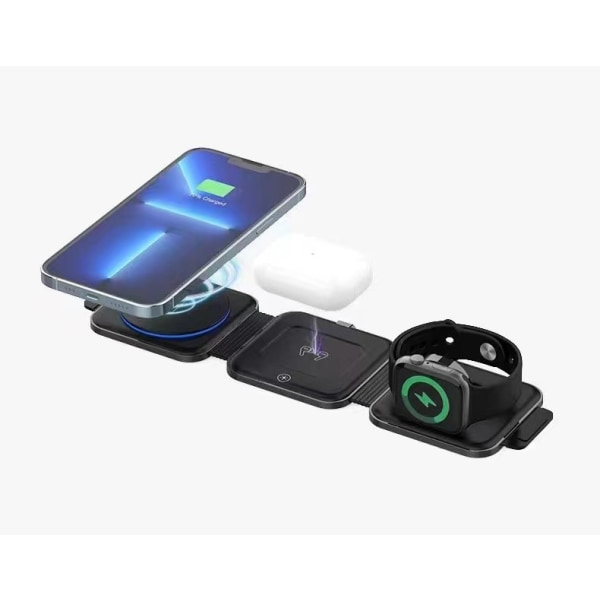 Taitettava induktioladauksen latausasema, 3-in-1 magneettinen langaton latausasema iPhone 14 13 12 11 Pro Max/Mini/XR:lle, latausasema Apple Watch 8/7/6/SE/5/4/3/2:lle