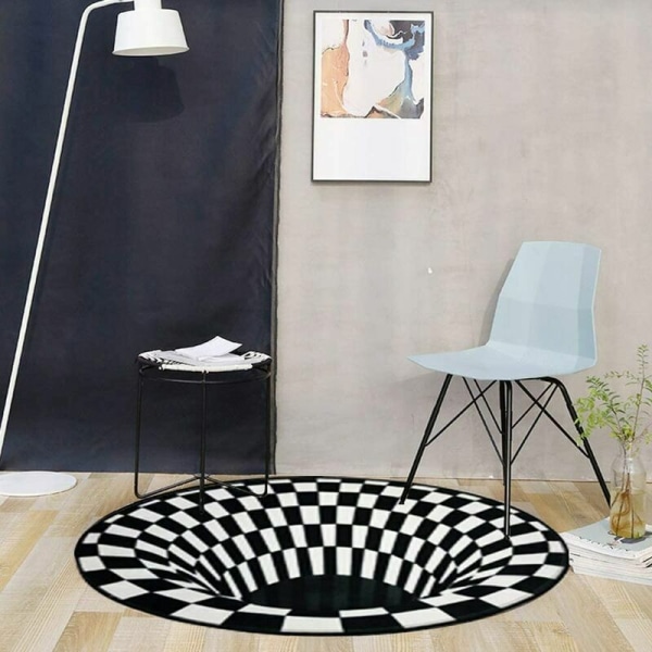 Rundt svart-hvitt rutenett teppe, 3D Vortex Illusion teppe, 3D Vortex teppe soverom stue, 3D teppe gulvmatte, Vortex Illusion teppe, geometrisk optisk teppe