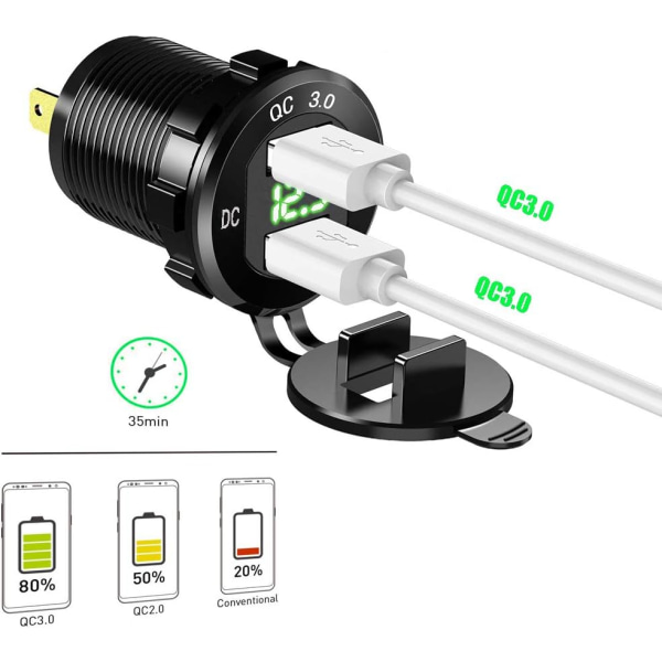 Auton laturi (vihreä) Nopea USB Kaksi QC3.0 USB-porttia, 12V/24V 36W Vedenpitävä LED-digitaalisella jännitteenmittarilla moottoripyörälle, asuntovaunulle, kuorma-autolle, veneelle ja muille