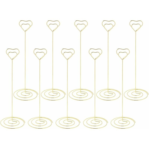 Kærlighedshjerteformet bordnavneholder, bordnummernavnekortnotatfotomenuklipsholder til bryllupsfest 10 stk. (guld)