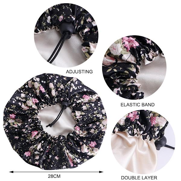 Svart hakkede blomster - Dusjhette for kvinner og jenter, gjenbrukbar, overdimensjonert, vaskbar, søt og myk, menn kvinner baby søt dobbeltlags rund hette Adju