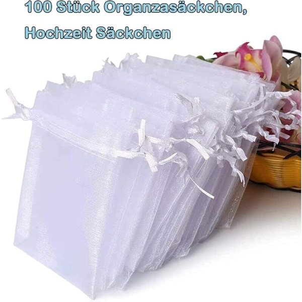 100 stk. Hvide Poser, 7 x 9 cm, Organza Gaveposer, Smykkeposer, Lavendelposer, Bryllupsgave