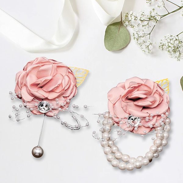 Rose - 2PCS Håndleds Corsage Bryllup Corsage Perle Armbånd Rhinestone Rød Rose Kunstig Blomst Håndleds Corsage Brudepige Blomst Bryllup Armbånd