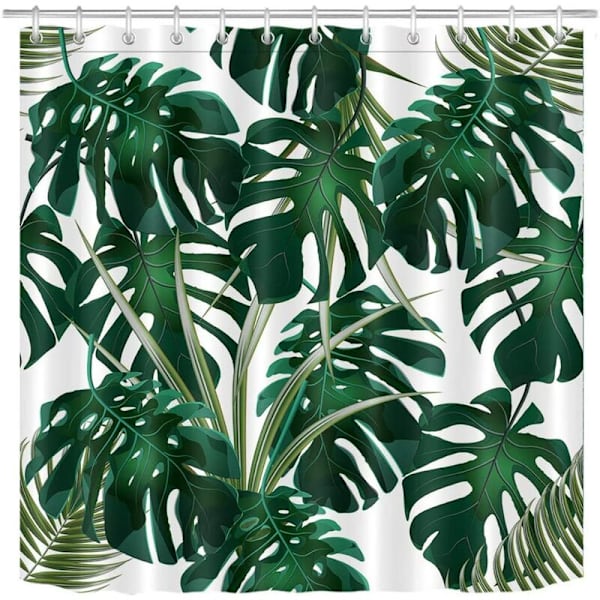 Dusjforheng til baderom, eksotisk tropisk jungelskog, grønne blader, Monstera, hvitt polyesterstoff, vanntett, muggsikkert, 180x180cm