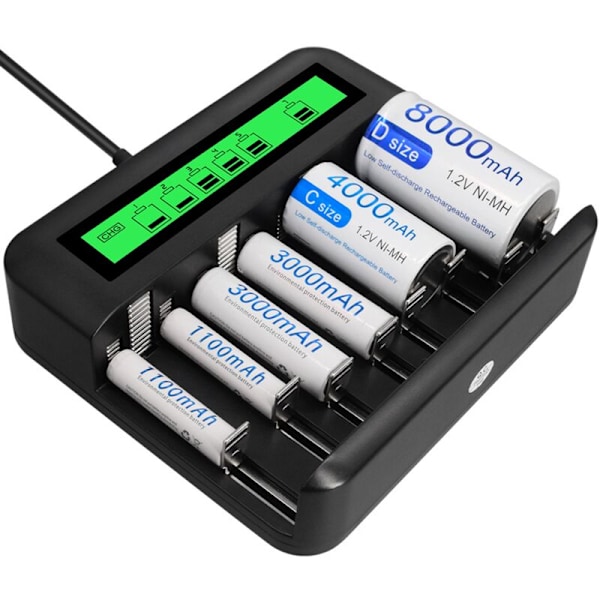 LCD universal batterioplader med 8 pladser og USB-port