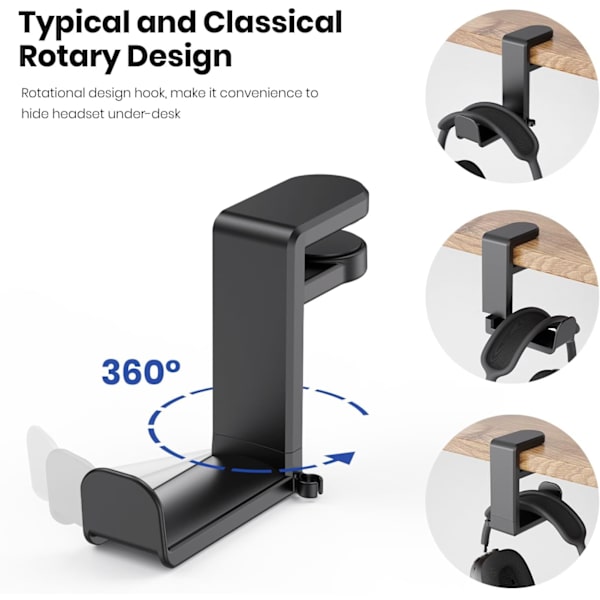 Hörlurshållare för spelheadset, hörlurshållare med justerbar och svängbar armklämma, design under skrivbordet, universell passform