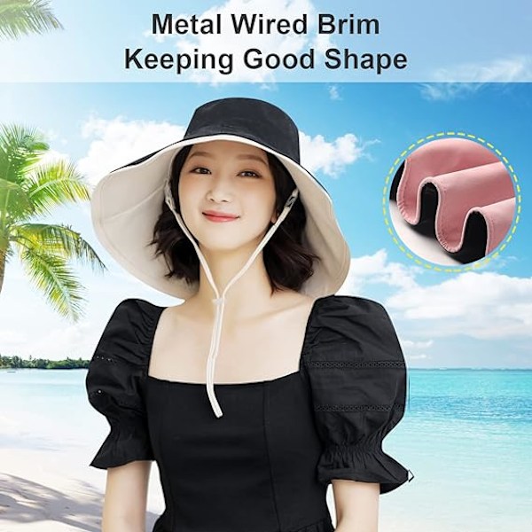 Extra bred solhatt för kvinnor - bomull, vikbar, vändbar hatt med bred brätte - UV-skydd - sommarstrand, resor, trädgård