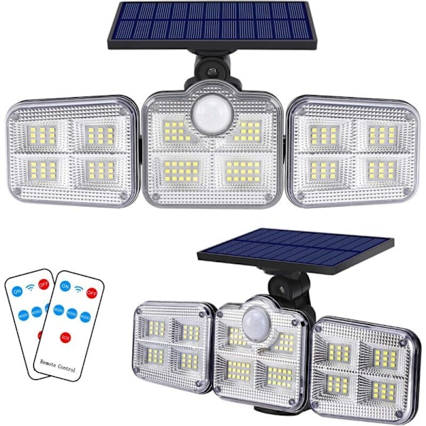 Solarlampor Utomhus med Rörelsesensor och Fjärrkontroll, 3 Justerbara Huvuden, LED Säkerhetsstrålkastare med 270° Bred Belysning, IP65 Vattentät
