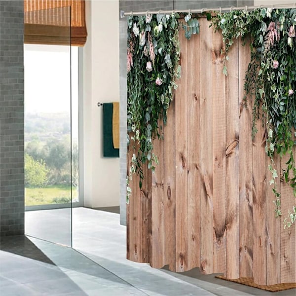 Blomstermotiv og blade - 180 x 180 cm - Dekorativt bruseforhæng i træ med 12 kroge -