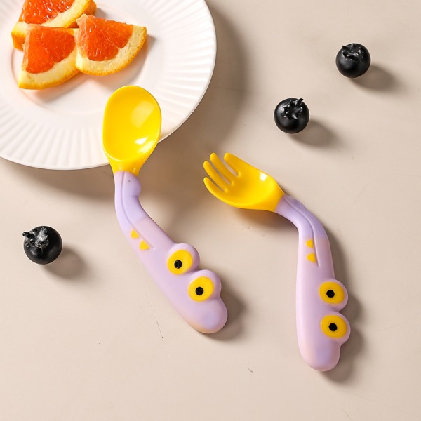 2 Pack (Purple Yellow) Soft Baby Training Spoons, Cute Silicone Baby Spoons with Folding Function, Easy to Hold, Perfect Self Feeding Learning Spoons