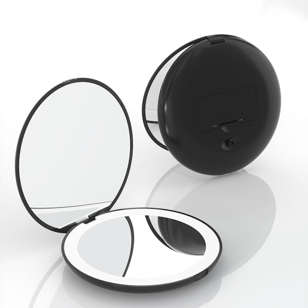 LED-belyst lommespejl, 1x/2x forstørrelse - Stort, naturligt belyst håndholdt makeup-spejl, 5\" i diameter, kompakt og bærbart til rejser (sort)