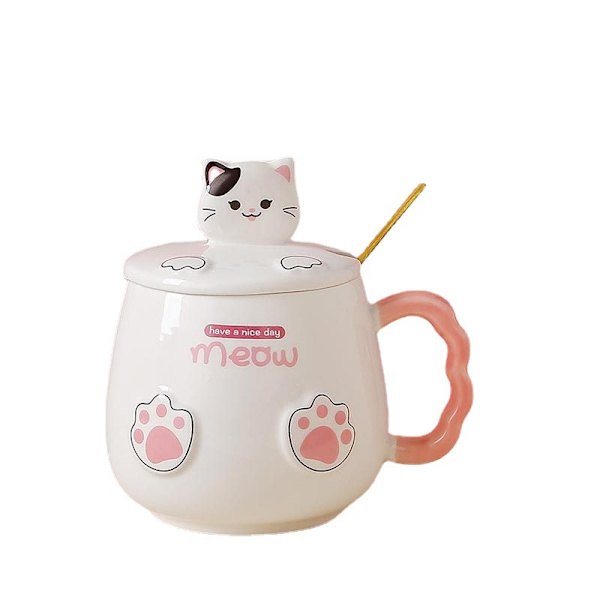 Söt katt i porslin kaffemugg med söt kattlock, Kawaii sked, Nyhet katt sak födelsedag julklapp mugg present till kattälskare 400ml