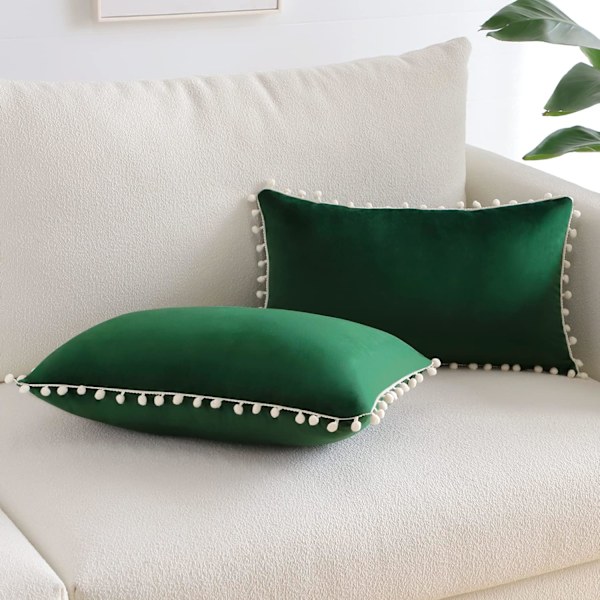 (30x50cm, Mörkgrön) Set med 2 dekorativa kuddfodral i mjuk sammet med pompoms, heminredningsöverdrag, kuddfodral för soffa, säng, stol, sovrum, vardagsrum