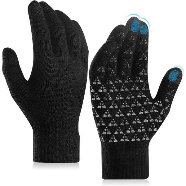 Svart - 1 x vinterhansker for menn og kvinner, sklisikre, varme fleecefôret, vindtette, med elastiske mansjetter, egnet for utendørsbruk, fotturer, sykling a