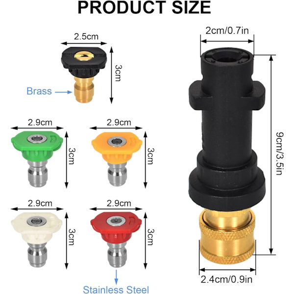 Adapter för högtryckstvätt, 1/4 snabbkoppling kompatibel med Karcher K2-K7, med 5-pack flerstegsmunstycken, tillbehörssats för högtryckstvätt
