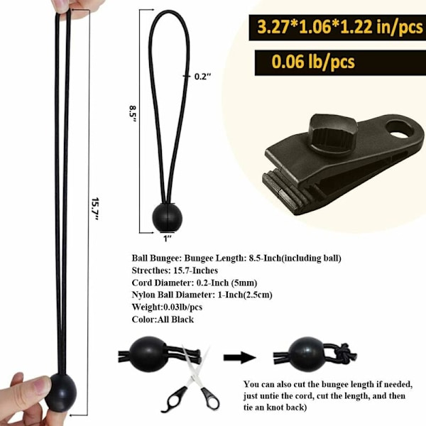 Set med 20 robusta presenningsklämmor - Tältklämmor för presenning med elastisk boll för markis, markiser, pergola, dukskydd, utomhuscamping